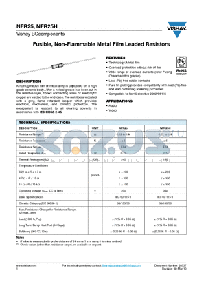 NFR2500002207JA100 datasheet - Fusible, Non-Flammable Metal Film Leaded Resistors