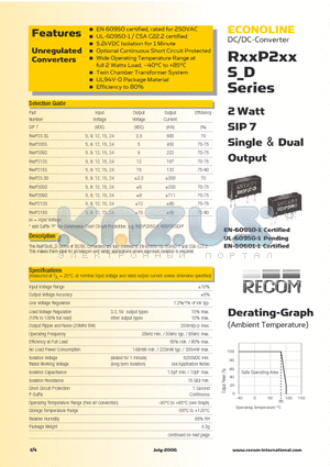 R05P205S/P datasheet - 2 Watt SIP 7 Single & Dual Output