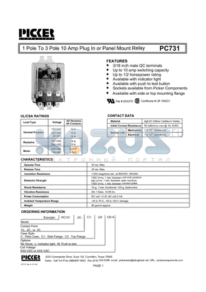 PC7311C-12C3 datasheet - 1 Pole To 3 Pole 10 Amp Plug In or Panel
