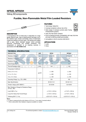 NFR25H0001008JA500 datasheet - Fusible, Non-Flammable Metal Film Leaded Resistors