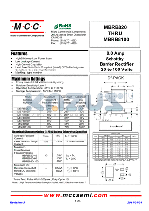 MBRB820 datasheet - 8.0 Amp Schottky Barrier Rectifier 20 to 100 Volts