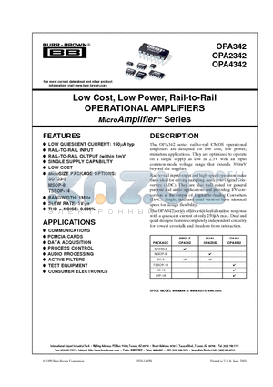 OPA342NA datasheet - Low Cost, Low Power, Rail-to-Rail OPERATIONAL AMPLIFIERS MicroAmplifier  Series