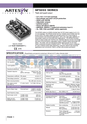 NFS200-7601 datasheet - Triple and quad output 200 Watt AC/DC universal input switch mode power supplies