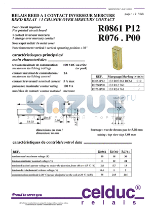 R0760P00 datasheet - REED RELAY  / 1 CHANGE OVER MERCURY CONTACT