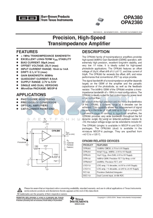 OPA350 datasheet - Precision, High-Speed Transimpedance Amplifier