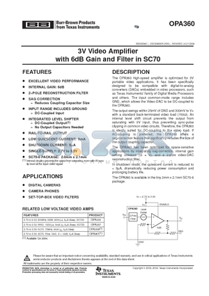 OPA360AIDCKR datasheet - 3V Video Amplifier with 6dB Gain and Filter in SC70