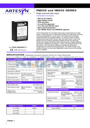 PM501D datasheet - Single, dual and triple output 1 to 10.5 Watt AC/DC encapsulated modules