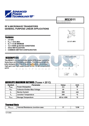 MS3011 datasheet - RF & MICROWAVE TRANSISTORS GENERAL PURPOSE LINEAR APPLICATIONS