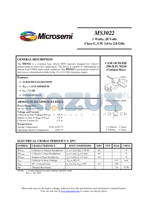 MS3022 datasheet - 1 Watts, 28 Volts Class-C, CW 1.0 to 2.0 GHz