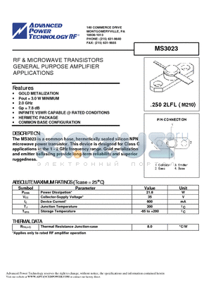 MS3023 datasheet - RF & MICROWAVE TRANSISTORS GENERAL PURPOSE AMPLIFIER APPLICATIONS