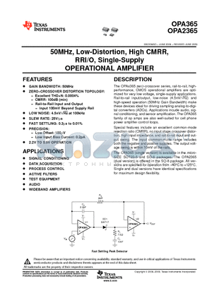 OPA365AIDBVTG4 datasheet - 50MHz, Low-Distortion, High CMRR, RRI/O, Single-Supply OPERATIONAL AMPLIFIER