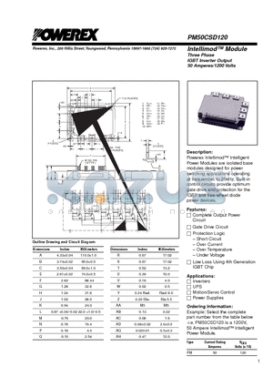 PM50CSD120 datasheet - Intellimod Module Three Phase IGBT Inverter Output (50 Amperes/1200 Volts)