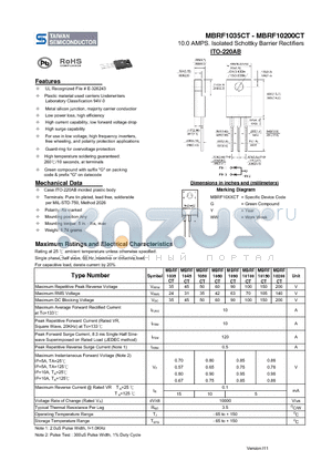 MBRF10100CT datasheet - 10.0 AMPS. Isolated Schottky Barrier Rectifiers