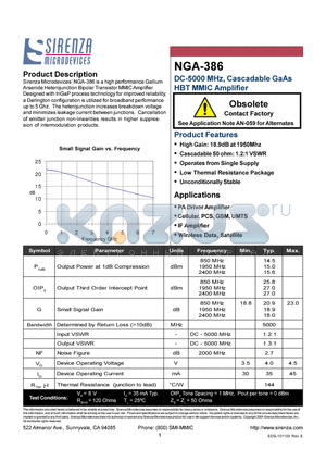 NGA-386 datasheet - DC-5000 MHz, Cascadable GaAs HBT MMIC Amplifier