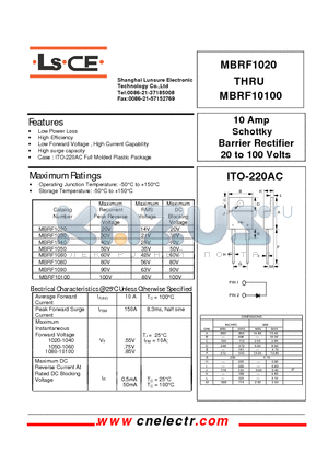 MBRF1020CT datasheet - 10Amp schottky barrier rectifier 20to100 volts