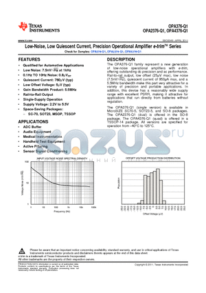 OPA376-Q1 datasheet - Low-Noise, Low Quiescent Current, Precision Operational Amplifier e-trim Series