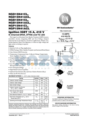 NGB15N41ACL datasheet - Ignition IGBT 15 A, 410 V N.Channel DPAK, D2PAK and TO.220