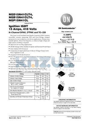 NGB15N41CLT4 datasheet - Ignition IGBT 15 Amps, 410 Volts