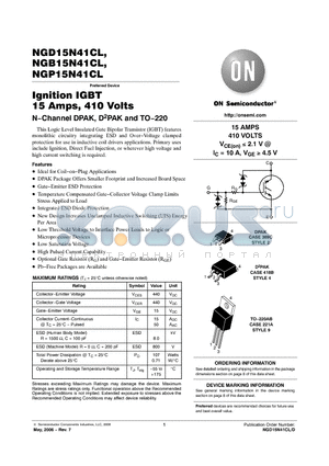 NGB15N41CLT4 datasheet - Ignition IGBT 15 Amps, 410 Volts
