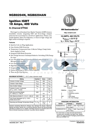 NGB8204AN datasheet - Ignition IGBT 18 Amps, 400 Volts