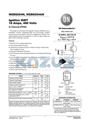 NGB8204ANT4G datasheet - Ignition IGBT 18 Amps, 400 Volts