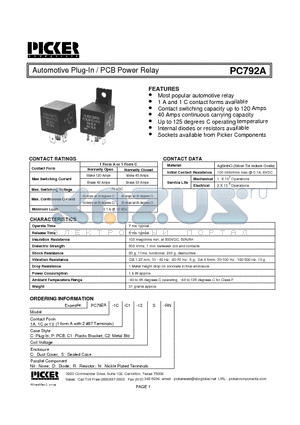 PC792A1AC-12CD datasheet - Automotive Plug-In / PCB Power Relay