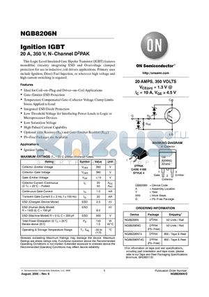 NGB8206NT4G datasheet - Ignition IGBT 20 A, 350 V, N−Channel D2PAK