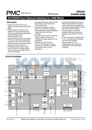 PM5381 datasheet - SATURN USER NETWORK INTERFACE FOR 2488 MBIT/S