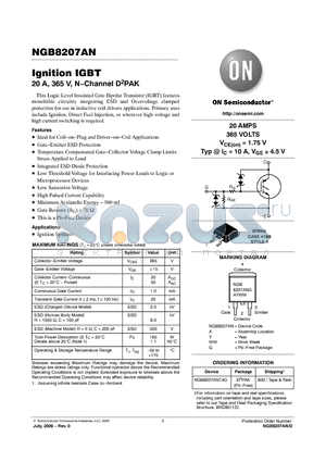 NGB8207AN datasheet - Ignition IGBT 20 A, 365 V, N−Channel D2PAK