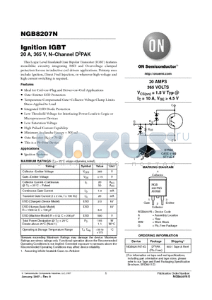 NGB8207NT4G datasheet - Ignition IGBT 20 A, 365 V, N−Channel D2PAK