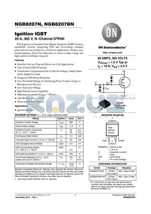 NGB8207N_11 datasheet - Ignition IGBT 20 A, 365 V, N.Channel D2PAK