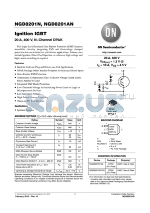 NGD8201ANT4G datasheet - Ignition IGBT 20 A, 400 V, N.Channel DPAK