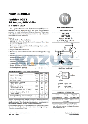 NGD18N40CLBT4 datasheet - Ignition IGBT 18 Amps, 400 Volts