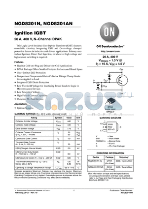 NGD8201AN datasheet - Ignition IGBT 20 A, 400 V, N.Channel DPAK