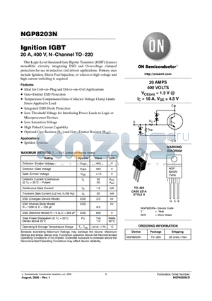 NGP8203N datasheet - Ignition IGBT 20 A, 400 V, N−Channel TO−220
