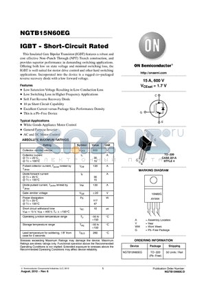 NGTB15N60EG datasheet - IGBT - Short-Circuit Rated