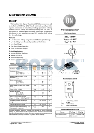 NGTB20N120LWG datasheet - Incorporated into the device is a rugged copackaged free wheeling diode with a low forward voltage.