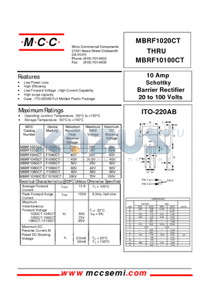 MBRF1080CT datasheet - 10 Amp Schottky Barrier Rectifier 20 to 100 Volts