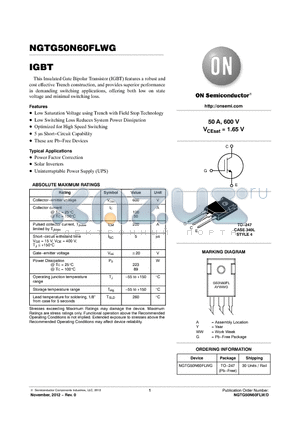 NGTG50N60FLWG datasheet - Insulated Gate Bipolar Transistor (IGBT)