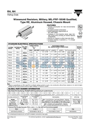 NH005 datasheet - Wirewound Resistors, Military, MIL-PRF-18546 Qualified, Type RE, Aluminum Housed, Chassis Mount