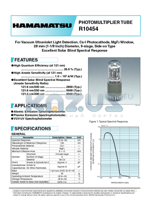 R10454 datasheet - For Vacuum Ultraviolet Light Detection, Cs-I Photocathode, MgF2 Window, 28 mm (1-1/8 Inch) Diameter