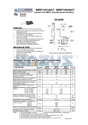 MBRF10H100CT datasheet - Isolated 10.0 AMPS. Schottky Barrier Rectifiers