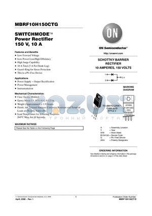 MBRF10H150CTG datasheet - SWITCHMODE Power Rectifier 150 V, 10 A