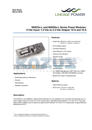 NH033 datasheet - Power Modules 5 Vdc Input; 1.2 Vdc to 3.3 Vdc Output; 10 A and 15 A