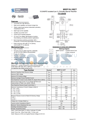 MBRF10L100CT datasheet - 10.0AMPS Isolated Low VF Schottky Barrier Rectifier