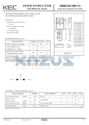 MBRF10U100CTA datasheet - SCHOTTKY BARRIER TYPE DIODE