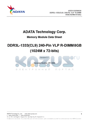 R11-0868 datasheet - ADDV1333W8G9 DDR3L-1333(CL9) 240-Pin VLP R-DIMM 8GB(1024Mx72-bits)