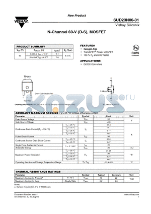 SUD23N06-31-GE3 datasheet - N-Channel 60-V (D-S), MOSFET