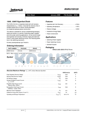 RHRU150120 datasheet - 150A, 1200V Hyperfast Diode