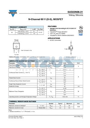 SUD23N06-31-GE3 datasheet - N-Channel 60 V (D-S), MOSFET